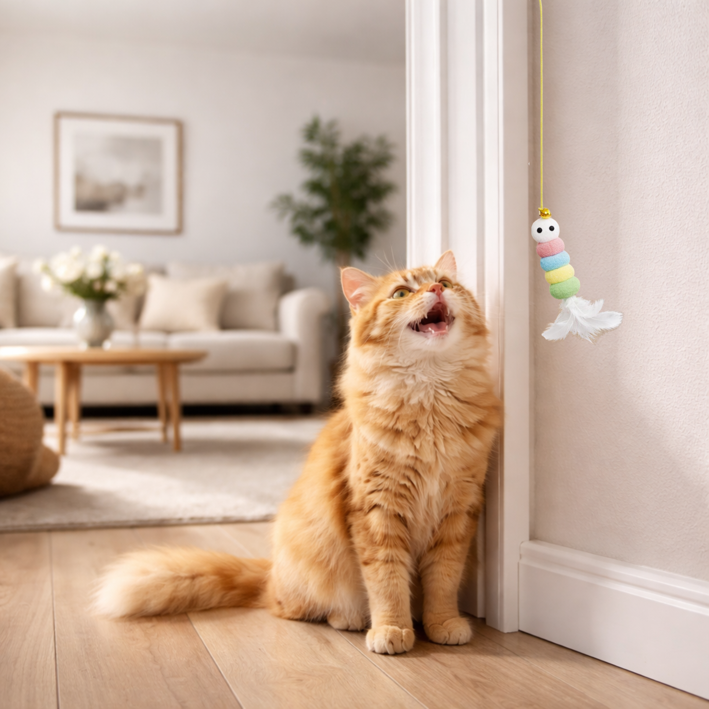 Interaktywna zabawka dla kota - gąsienica z piórkiem montaż do framugi