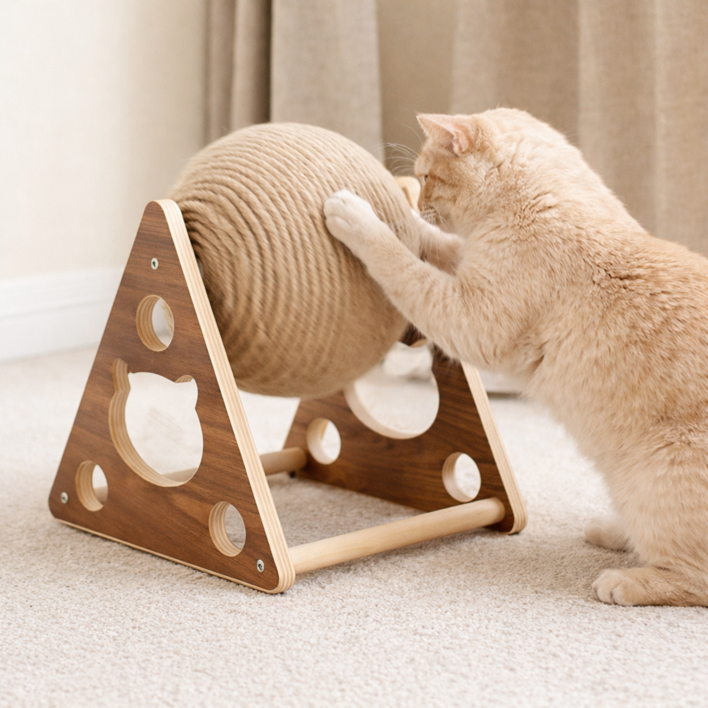 Drewniany Drapak z Kulą Sizalową Dla Kota Zabawka z Generatorem Światła